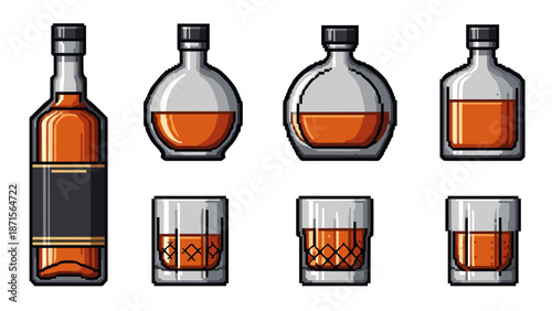 Set of whiskey bottles and glasses with amber spirit