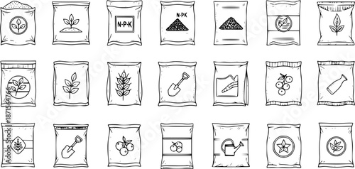 Hand-drawn set of farming and gardening supplies icons. Collection includes seeds, fertilizer bags, plants, tools, and crops. Sketch style agriculture illustrations.