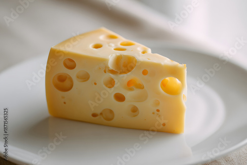Cheese served on a white plate with holes and yellow color in bright light setting