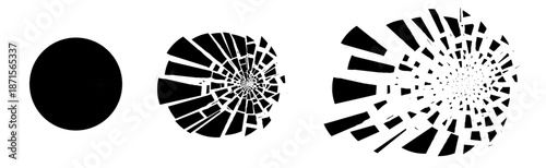 Realistic shattered glass effect with sharp 3d fragments and geometric debris. This abstract circular blast pattern features explosive energy and black fractures, perfect for destruction VFX.