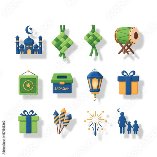 Eid Mubarak Islamic Celebration Icons Set.