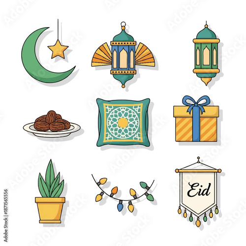 Eid Mubarak Islamic Symbols and Decorations.