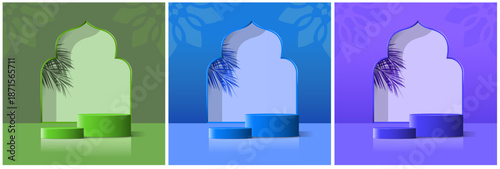 Set of Purple, blue, and green 3D Ramadan Kareem cylindrical podium backdrops in the shape of a mosque gate with golden balls. Minimalist design for product stage mockup, Eid al-Adha Mubarak banner pr