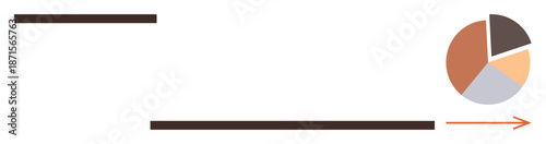 Data visualization, business strategy, infographic creation, financial planning, data trends, process flow. Minimal pie chart and arrow on white background. Data visualization and business strategy