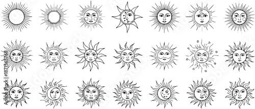 Sun Illustrations Set: Hand-Drawn Celestial Bodies with Faces and Crescent Moons