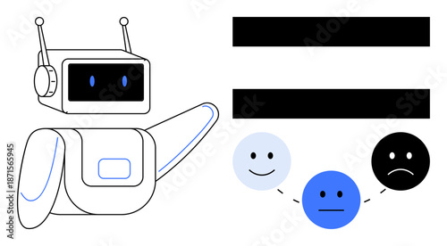 Robot gesturing toward equality sign and three emotive faces symbolizing happy, neutral, and sad. Ideal for AI, emotion analysis, equality concepts, technology, psychology, user experience