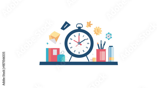 Time Management Clock with Office Supplies.