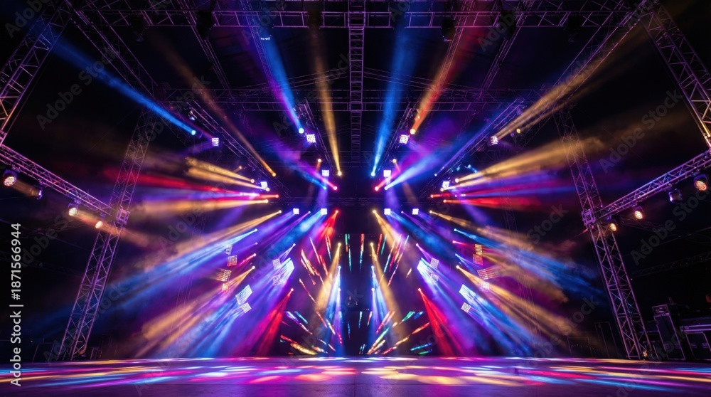 Fototapeta premium Vibrant Concert Stage With Colorful Light Beams Radiating From The Center Against Dark Rigging And Trusses In A Professional Music Venue