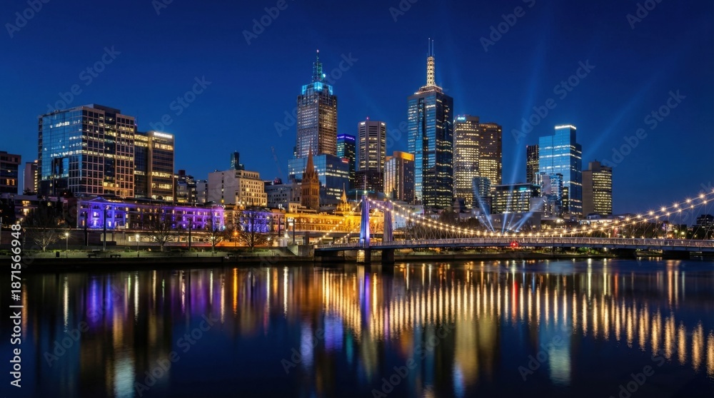 Fototapeta premium Vibrant Melbourne Skyline At Night With Glowing Skyscrapers Reflected In The Yarra River Under A Deep Blue Sky With Radiant Searchlights