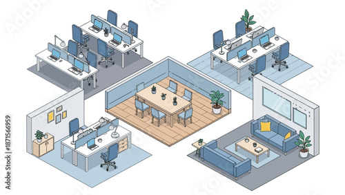 Modern Office Layout with Meeting Room and Workstations.