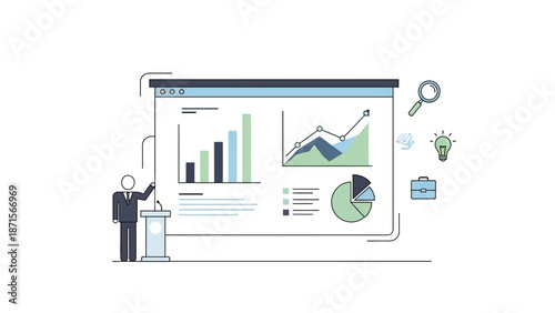 Businessman presenting data analysis on screen.
