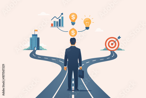  a businessman stands at the beginning of a winding road with three symbols