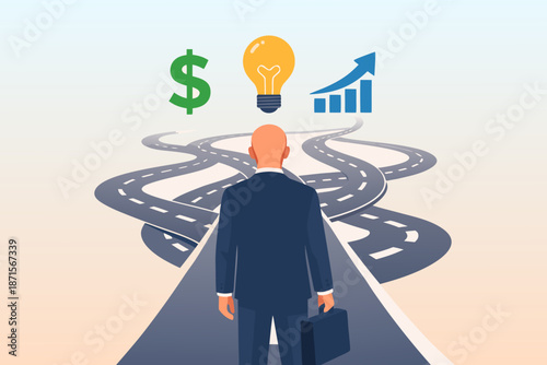  a businessman stands at the beginning of a winding road with three symbols