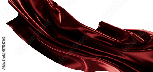 Photography Luxurious burgundy satin fabric flowing, draped, and isolated on white
