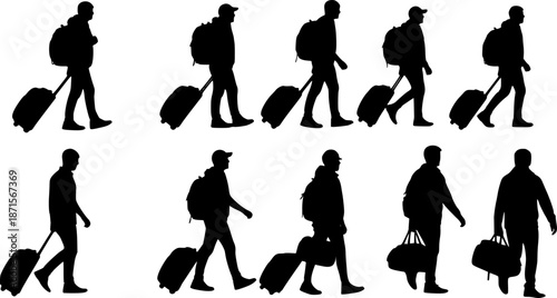 silhouettes of people walking , Silhouettes of people walking with luggage and bags travel on transparent background , no background
