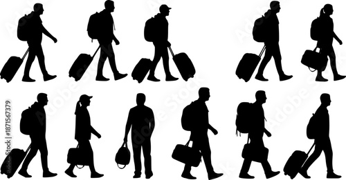 silhouettes of people walking , Silhouettes of people walking with luggage and bags travel on transparent background , no background