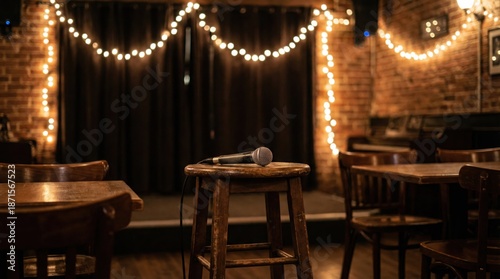 Microphone Resting On A Rustic Wooden Stool On An Empty Stage With Warm Glowing Fairy Lights And Brick Walls In A Dimly Lit Atmospheric Bar