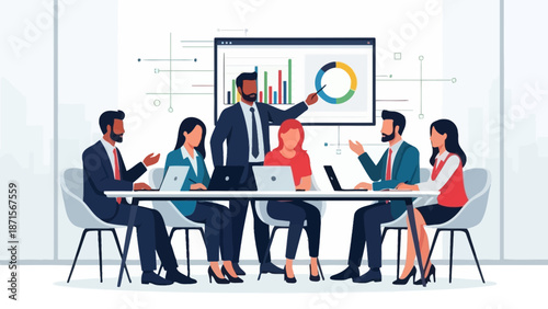 Business meeting with presentation and graph analysis.