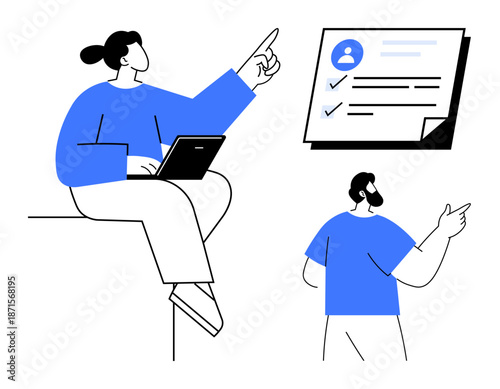 Two people engaged in task planning using digital tools and profile insights. One person works on a laptop, another points at a checklist. Ideal for teamwork, strategy, productivity, task delegation