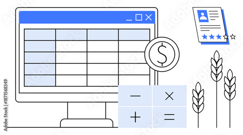 Computer screen with spreadsheet, dollar symbol, calculator interface, wheat stems, and a star-rated profile document. Ideal for budgeting, finance, farming, data analysis statistics accounting