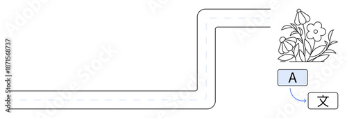 Translation, language learning, cultural exchange, text conversion, education, communication. Flowers adjacent to symbols for language conversion. Translation and language learning