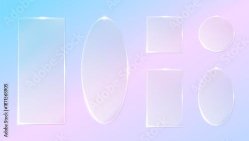 Glossy glassmorphism interface with frosted 3D buttons and panels. Transparent geometric UI glass morphism frame set for app, game or web design. Modern digital vector blur and light reflection effect