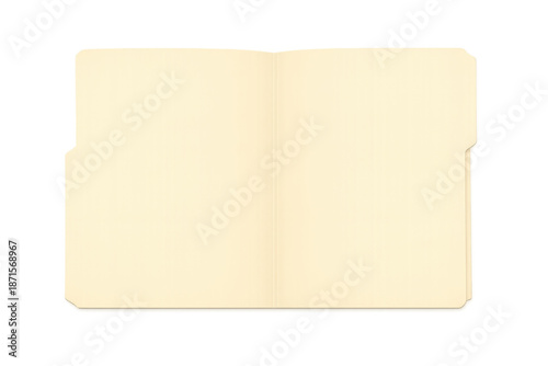Open manila file folder with blank document space, empty beige paper for text and information on transparent background © Michael