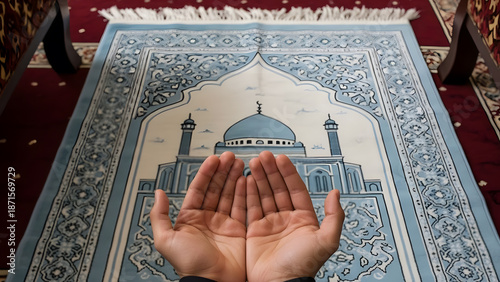 Hands Praying on a Prayer Mat in a Mosque