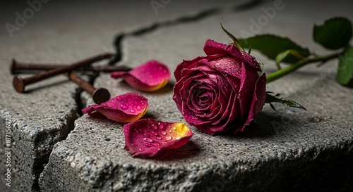 Rose and weathered nails on cracked concrete surface, emotional concept