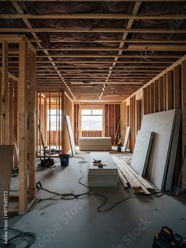 Exposed beams and drywall in a home construction remodeling project