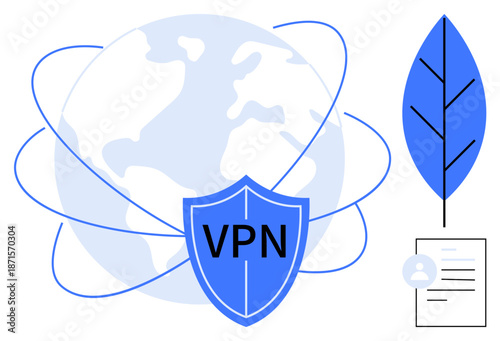 Online privacy, VPN services, cybersecurity, eco-friendly tech, secure browsing, data encryption. Globe with a VPN shield, leaf and document icon. Online privacy and VPN services concept