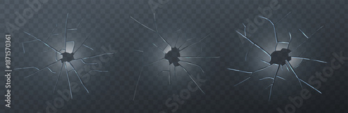 Set of realistic glass cracks and broken display effects for monitors and ice surfaces. Features 3d shattered fragments, chip marks, and damaged windshield textures on a transparent background.