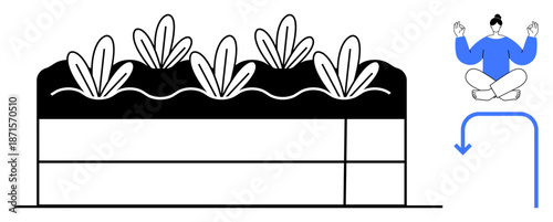 Agriculture, sustainability, mindfulness, eco-living, mental well-being, balance. Plants growing in soil layers with a meditating person. Agriculture and sustainability reflected in mindfulness