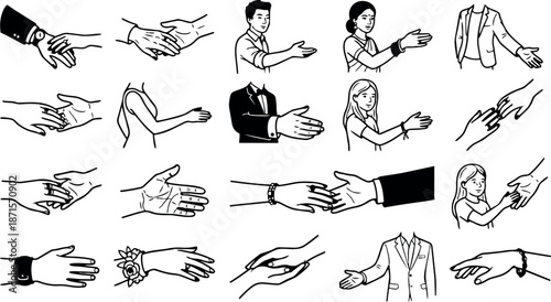 Line art set of extended hands and handshake poses close up gestures people offering hands various angles flat vector illustration sketch