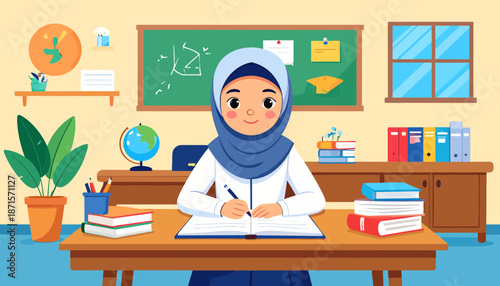 Young Muslim student studying at desk in classroom with educational materials.
