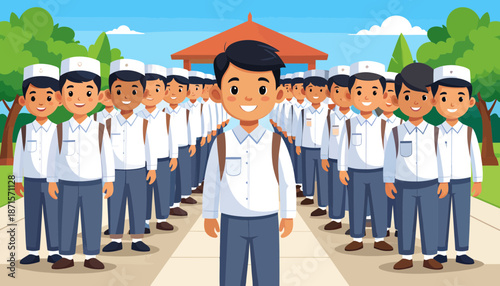 Group of uniformed schoolboys standing in formation outside a pavilion.