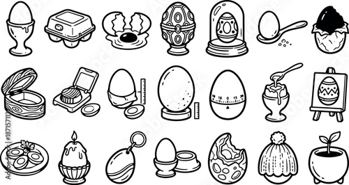 Whimsical kids doodle sheet of hand drawn egg icons showing decorated, cracked, painted and boiled eggs for easter crafts illustration