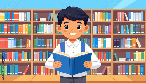 Young boy reading a book in a library with shelves of books.