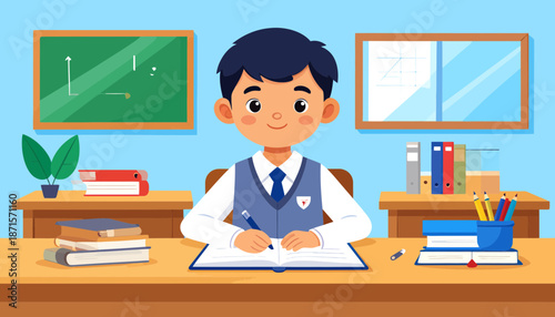 Young boy in school uniform sitting at desk with books and writing.