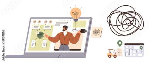 Business planning, process management, problem-solving, decision-making, innovation, logistics. Laptop screen showing charts, a man with a lightbulb idea. Business planning and process management