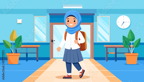 Young Muslim girl entering school with hijab and backpack.