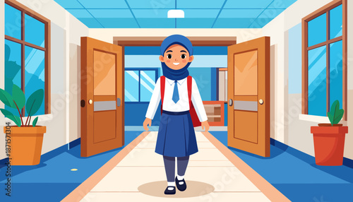 Young Muslim girl in school uniform walking down a school corridor with open doors.