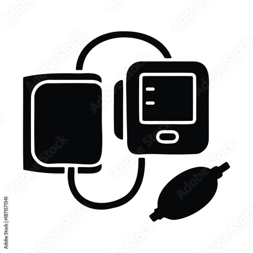 A silhouette glyph icon representing a digital blood pressure monitor for healthcare and diagnostics