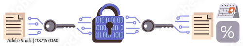 Data security, cybersecurity, encryption, information protection, online safety, digital privacy. Lock and binary code at the center, keys linking documents. Data security and cybersecurity concept