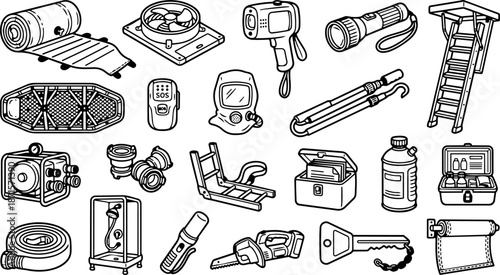 Line art emergency equipment icons set showing safety tools like flashlight ladder stretcher gas mask toolbox first aid kit landscape