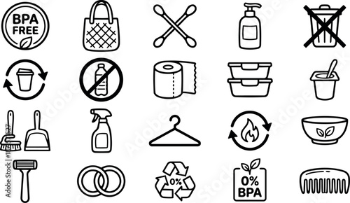 Hand drawn line art icon set showing sustainable household symbols reusable containers recycling no plastic bpa free cleaning tools minimalist