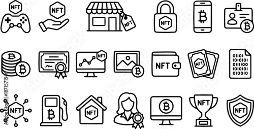 Flat line icon set of nft and bitcoin symbols arranged in grid close up desktop view for web and app interfaces