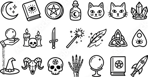 Line art occult icon set showing mystical symbols and witchcraft objects arranged in rows with clean black outlines, flat style