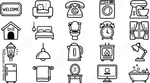 Hand drawn doodle icon set close up of household objects in grid including armchair kettle bathtub lamp and welcome sign toilet computer