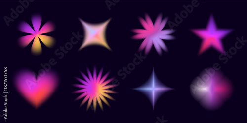 Holographic y2k stickers feature psychedelic aura gradients and glowing neon flowers. This futuristic collection of blurry heart and star shapes creates a soft, fluid look for retro-modern assets.